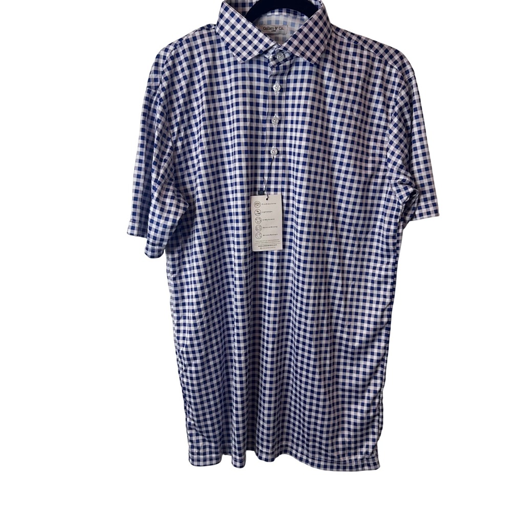 New Collars & Co Men L‎ Navy Lavender Gingham Performance Polo Shirt Firm Dress